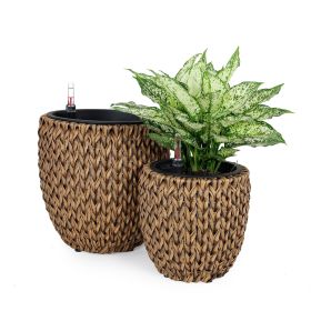 2-Pack Self-watering Wicker Planter - Garden Decoration Pot - Round - Natural