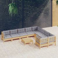 10 Piece Patio Lounge Set with Gray Cushions Pinewood