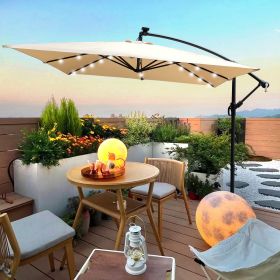 Square 2.5X2.5M Outdoor Patio Umbrella Solar Powered LED Lighted Sun Shade Market Waterproof 8 Ribs Umbrella with Crank and Cross Base for Garden Deck