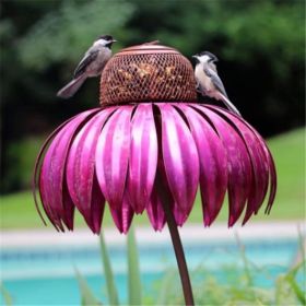 Bird Feeder Bottle with Stand Metal Flower Shaped Outdoor Garden Decoration Pink Coneflower Bird Feeder Container Accessories (Color: Red)