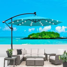 10 ft Outdoor Patio Umbrella Solar Powered LED Lighted Sun Shade Market Waterproof 8 Ribs Umbrella with Crank and Cross Base for Garden Deck Backyard (Color: Turquoise)