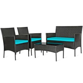 4 Pieces Patio Rattan Cushioned Sofa Set with Tempered Glass Coffee Table (Color: Turquoise)